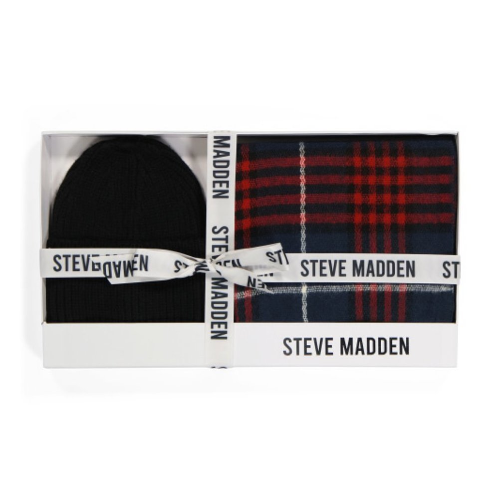 Steve Madden Plaid Scarf & Wide Cuffed Beanie Black Red